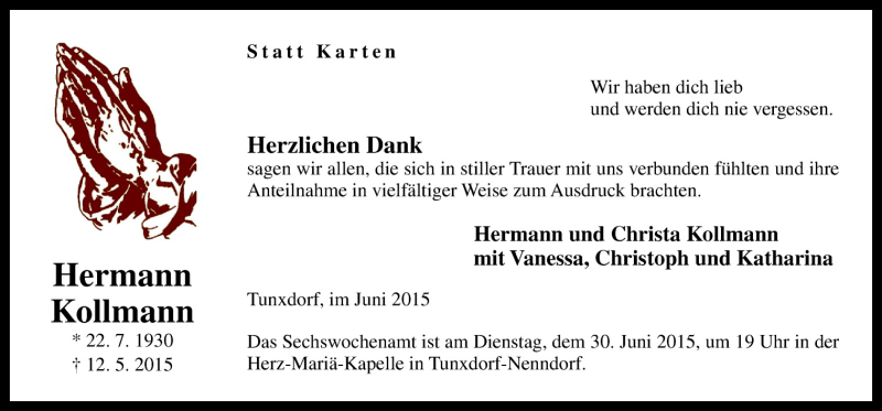  Traueranzeige für Hermann Kollmann vom 27.06.2015 aus Neue Osnabrücker Zeitung GmbH & Co. KG