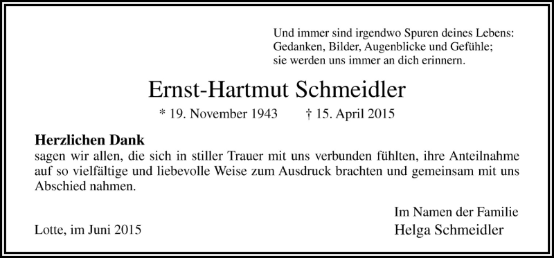  Traueranzeige für Ernst-Hartmut Schmeidler vom 06.06.2015 aus Neue Osnabrücker Zeitung GmbH & Co. KG