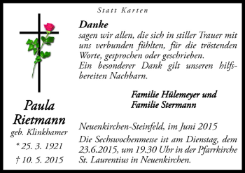 Traueranzeige von Paula Rietmann von Neue Osnabrücker Zeitung GmbH & Co. KG