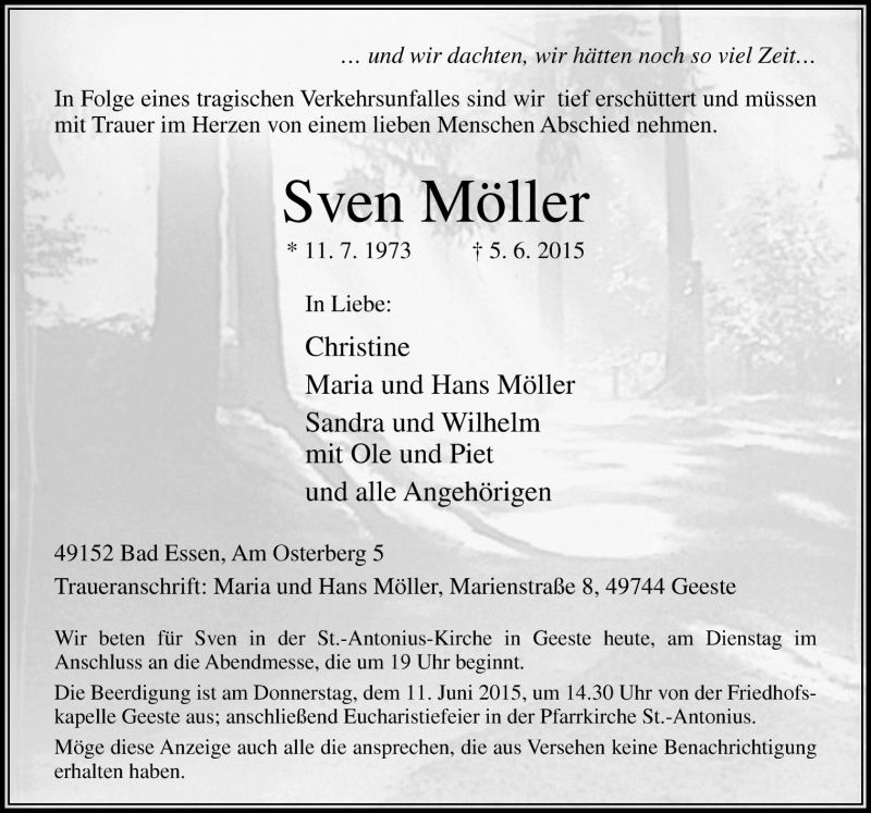  Traueranzeige für Sven Möller vom 09.06.2015 aus Neue Osnabrücker Zeitung GmbH & Co. KG