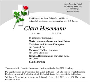 Traueranzeige von Clara Hesemann von Neue Osnabrücker Zeitung GmbH & Co. KG