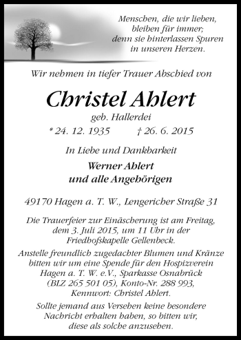 Traueranzeige von Christel Ahlert von Neue Osnabrücker Zeitung GmbH & Co. KG