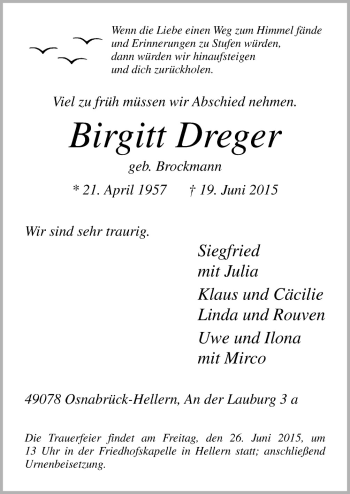 Traueranzeige von Birgitt Dreger von Neue Osnabrücker Zeitung GmbH & Co. KG