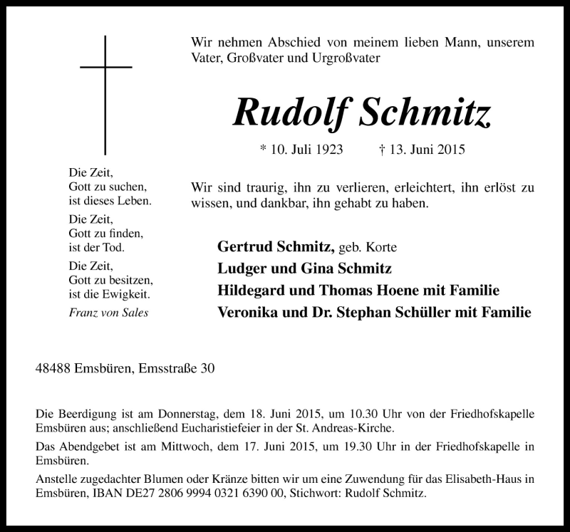  Traueranzeige für Rudolf Schmitz vom 16.06.2015 aus Neue Osnabrücker Zeitung GmbH & Co. KG