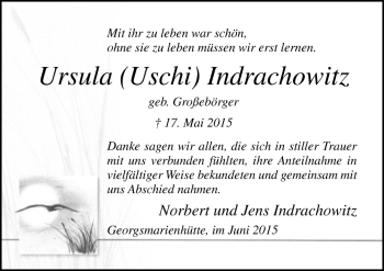 Traueranzeige von Ursula Uschi Indrachowitz von Neue Osnabrücker Zeitung GmbH & Co. KG