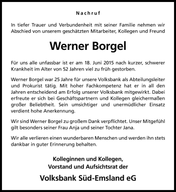 Traueranzeige von Werner Borgel von Neue Osnabrücker Zeitung GmbH & Co. KG