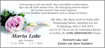 Traueranzeige von Maria Lake von Neue Osnabrücker Zeitung GmbH & Co. KG