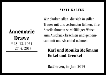 Traueranzeige von Annemarie Drawz von Neue Osnabrücker Zeitung GmbH & Co. KG