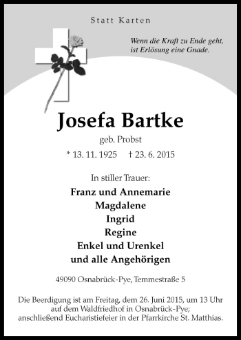 Traueranzeige von Josefa Bartke von Neue Osnabrücker Zeitung GmbH & Co. KG