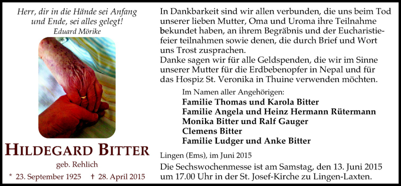  Traueranzeige für Hildegard Bitter vom 10.06.2015 aus Neue Osnabrücker Zeitung GmbH & Co. KG