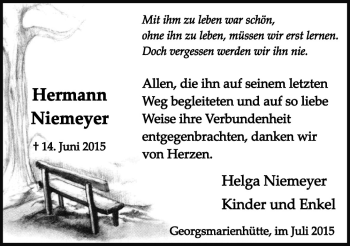 Traueranzeige von Hermann Niemeyer von Neue Osnabrücker Zeitung GmbH & Co. KG