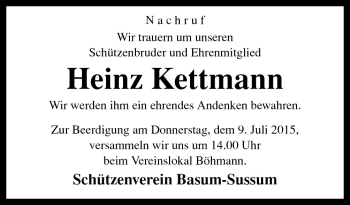 Traueranzeige von Heinz Kettmann von Neue Osnabrücker Zeitung GmbH & Co. KG