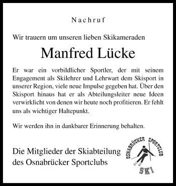 Traueranzeige von Manfred Lücke von Neue Osnabrücker Zeitung GmbH & Co. KG