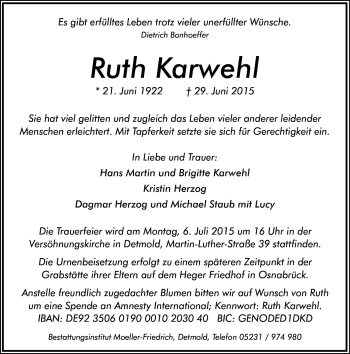 Traueranzeige von Ruth Karwehl von Neue Osnabrücker Zeitung GmbH & Co. KG