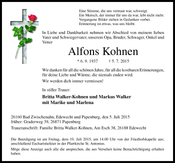 Traueranzeige von Alfons Kohnen von Neue Osnabrücker Zeitung GmbH & Co. KG