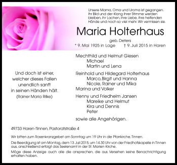 Traueranzeige von Maria Holterhaus von Neue Osnabrücker Zeitung GmbH & Co. KG