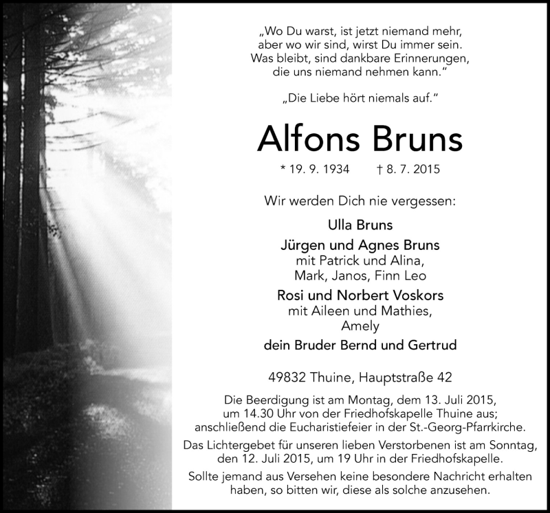  Traueranzeige für Alfons Bruns vom 10.07.2015 aus Neue Osnabrücker Zeitung GmbH & Co. KG