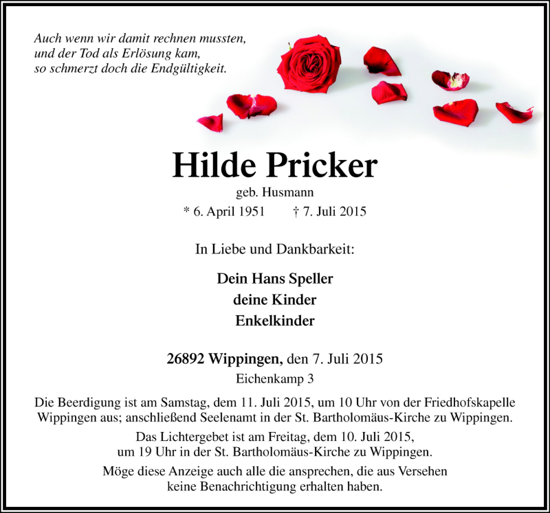  Traueranzeige für Hilde Pricker vom 09.07.2015 aus Neue Osnabrücker Zeitung GmbH & Co. KG