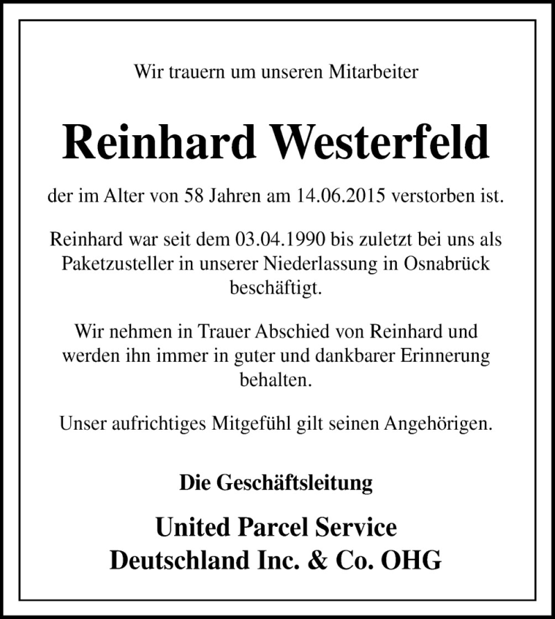  Traueranzeige für Reinhard Westerfeld vom 03.07.2015 aus Neue Osnabrücker Zeitung GmbH & Co. KG