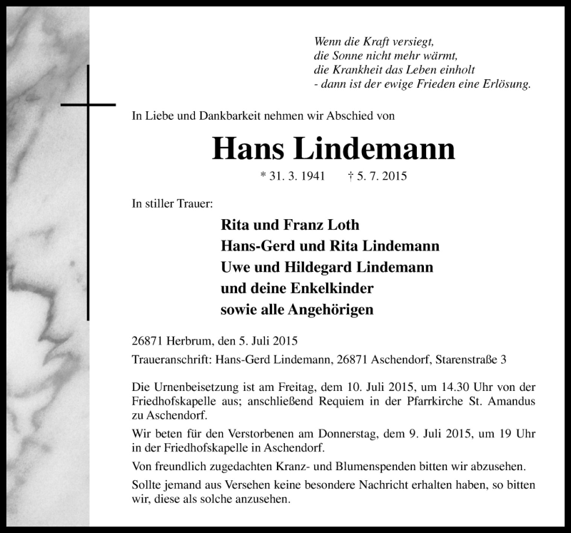  Traueranzeige für Hans Lindemann vom 08.07.2015 aus Neue Osnabrücker Zeitung GmbH & Co. KG