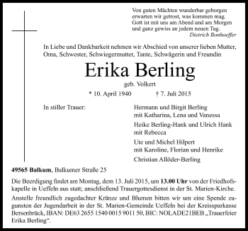 Traueranzeige von Erika Berling von Neue Osnabrücker Zeitung GmbH & Co. KG