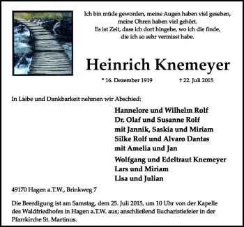 Traueranzeige von Heinrich Knemeyer von Neue Osnabrücker Zeitung GmbH & Co. KG