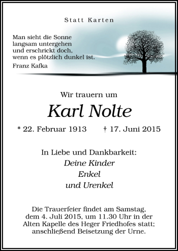 Traueranzeige von Karl Nolte von Neue Osnabrücker Zeitung GmbH & Co. KG