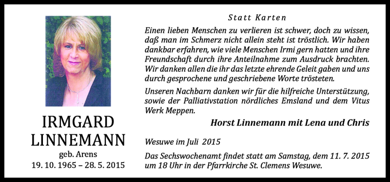  Traueranzeige für Irmgard Linnemann vom 07.07.2015 aus Neue Osnabrücker Zeitung GmbH & Co. KG