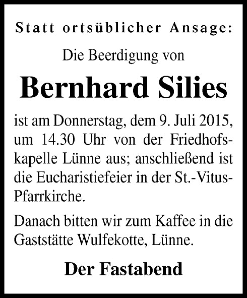  Traueranzeige für Bernhard Silies vom 07.07.2015 aus Neue Osnabrücker Zeitung GmbH & Co. KG