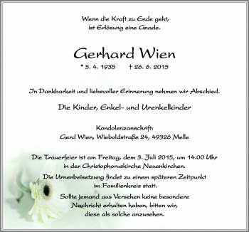 Traueranzeige von Gerhard Wien von Neue Osnabrücker Zeitung GmbH & Co. KG