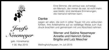Traueranzeige von Josefa Nesemeyer von Neue Osnabrücker Zeitung GmbH & Co. KG