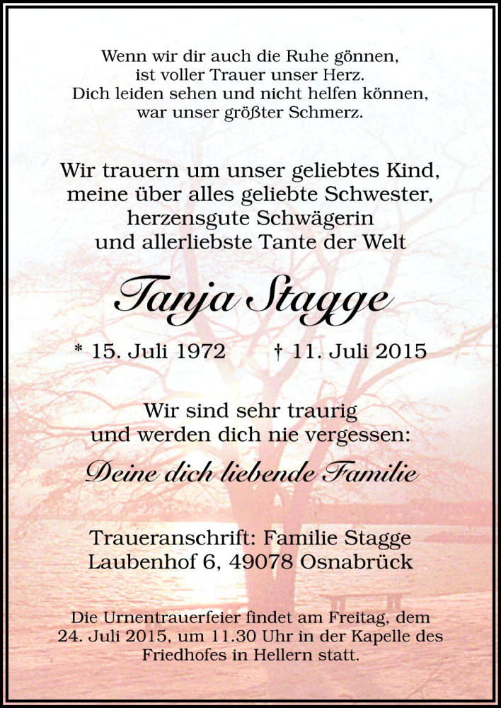  Traueranzeige für Tanja Stagge vom 24.07.2015 aus Neue Osnabrücker Zeitung GmbH & Co. KG