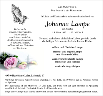 Traueranzeige von Johanna Lampe von Neue Osnabrücker Zeitung GmbH & Co. KG