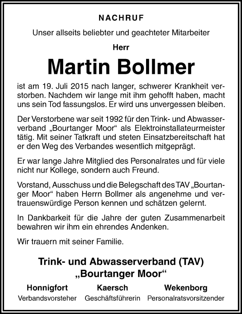  Traueranzeige für Martin Bollmer vom 24.07.2015 aus Neue Osnabrücker Zeitung GmbH & Co. KG