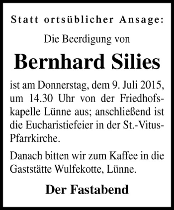 Traueranzeige von Bernhard Silies von Neue Osnabrücker Zeitung GmbH & Co. KG