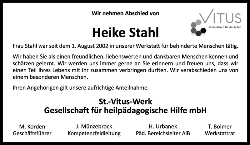  Traueranzeige für Heike Stahl vom 08.07.2015 aus Neue Osnabrücker Zeitung GmbH & Co. KG