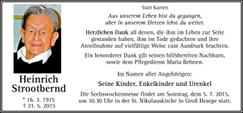 Traueranzeige von Heinrich Strootbernd von Neue Osnabrücker Zeitung GmbH & Co. KG