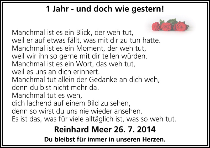  Traueranzeige für Reinhard Meer vom 25.07.2015 aus Neue Osnabrücker Zeitung GmbH & Co. KG