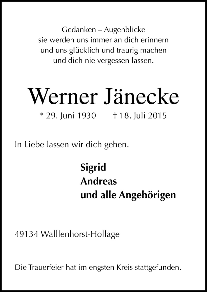  Traueranzeige für Werner Jänecke vom 25.07.2015 aus Neue Osnabrücker Zeitung GmbH & Co. KG