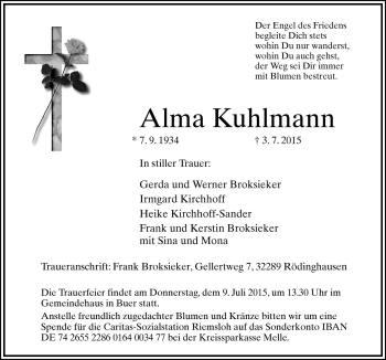 Traueranzeige von Alma Kuhlmann von Neue Osnabrücker Zeitung GmbH & Co. KG