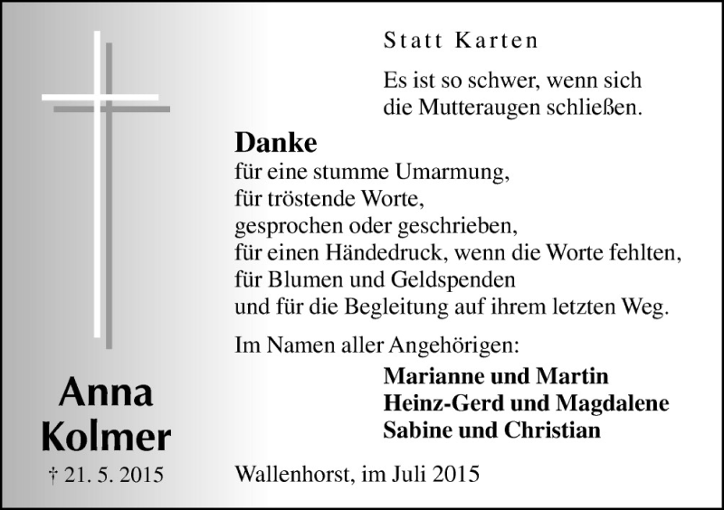  Traueranzeige für Anna Kolmer vom 04.07.2015 aus Neue Osnabrücker Zeitung GmbH & Co. KG