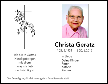 Traueranzeige von Christa Geratz von Neue Osnabrücker Zeitung GmbH & Co. KG