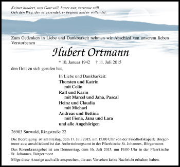 Traueranzeige von Hubert Ortmann von Neue Osnabrücker Zeitung GmbH & Co. KG