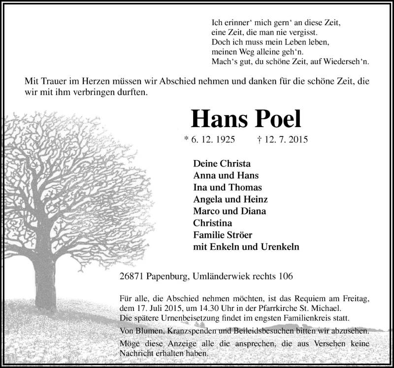  Traueranzeige für Hans Poel vom 14.07.2015 aus Neue Osnabrücker Zeitung GmbH & Co. KG