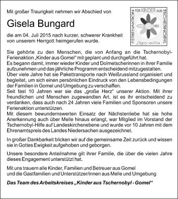 Traueranzeige von Gisela Bungard von Neue Osnabrücker Zeitung GmbH & Co. KG