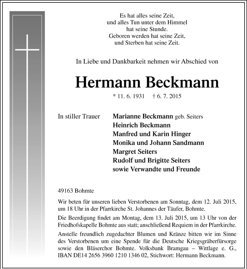  Traueranzeige für Hermann Beckmann vom 09.07.2015 aus Neue Osnabrücker Zeitung GmbH & Co. KG