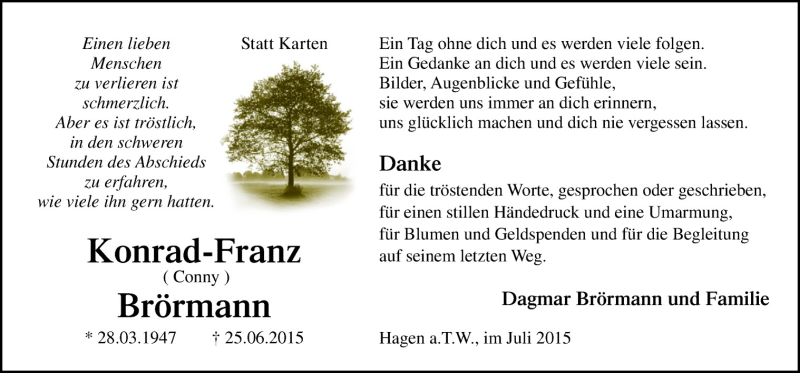  Traueranzeige für Konrad-Franz Brörmann vom 25.07.2015 aus Neue Osnabrücker Zeitung GmbH & Co. KG