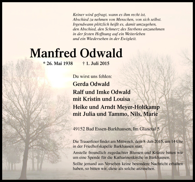 Traueranzeige für Manfred Odwald vom 03.07.2015 aus Neue Osnabrücker Zeitung GmbH & Co. KG