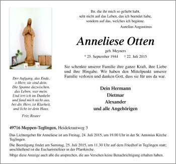 Traueranzeige von Anneliese Otten von Neue Osnabrücker Zeitung GmbH & Co. KG