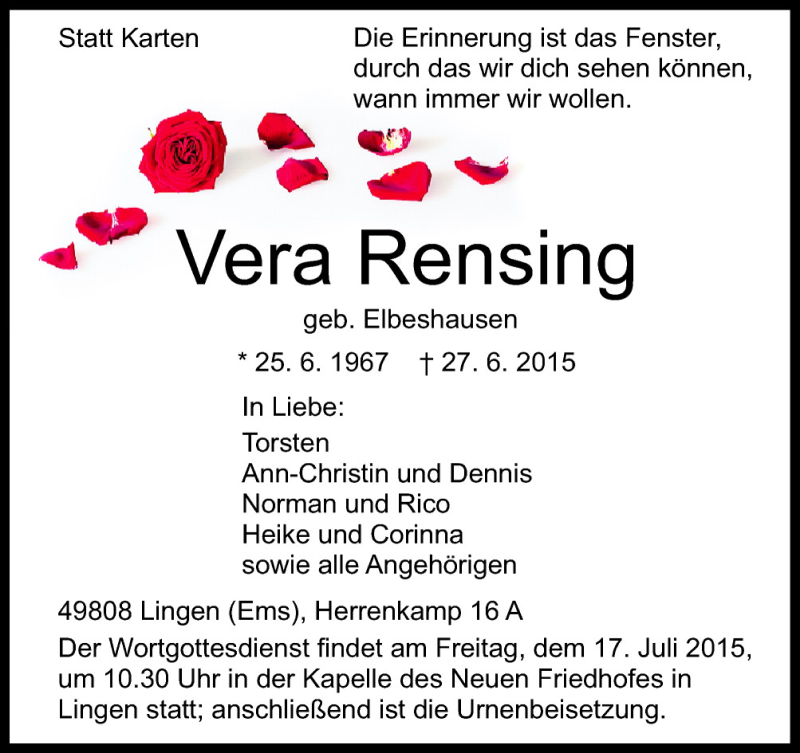  Traueranzeige für Vera Rensing vom 13.07.2015 aus Neue Osnabrücker Zeitung GmbH & Co. KG